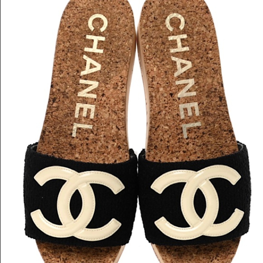 Chanel tweed cork mules